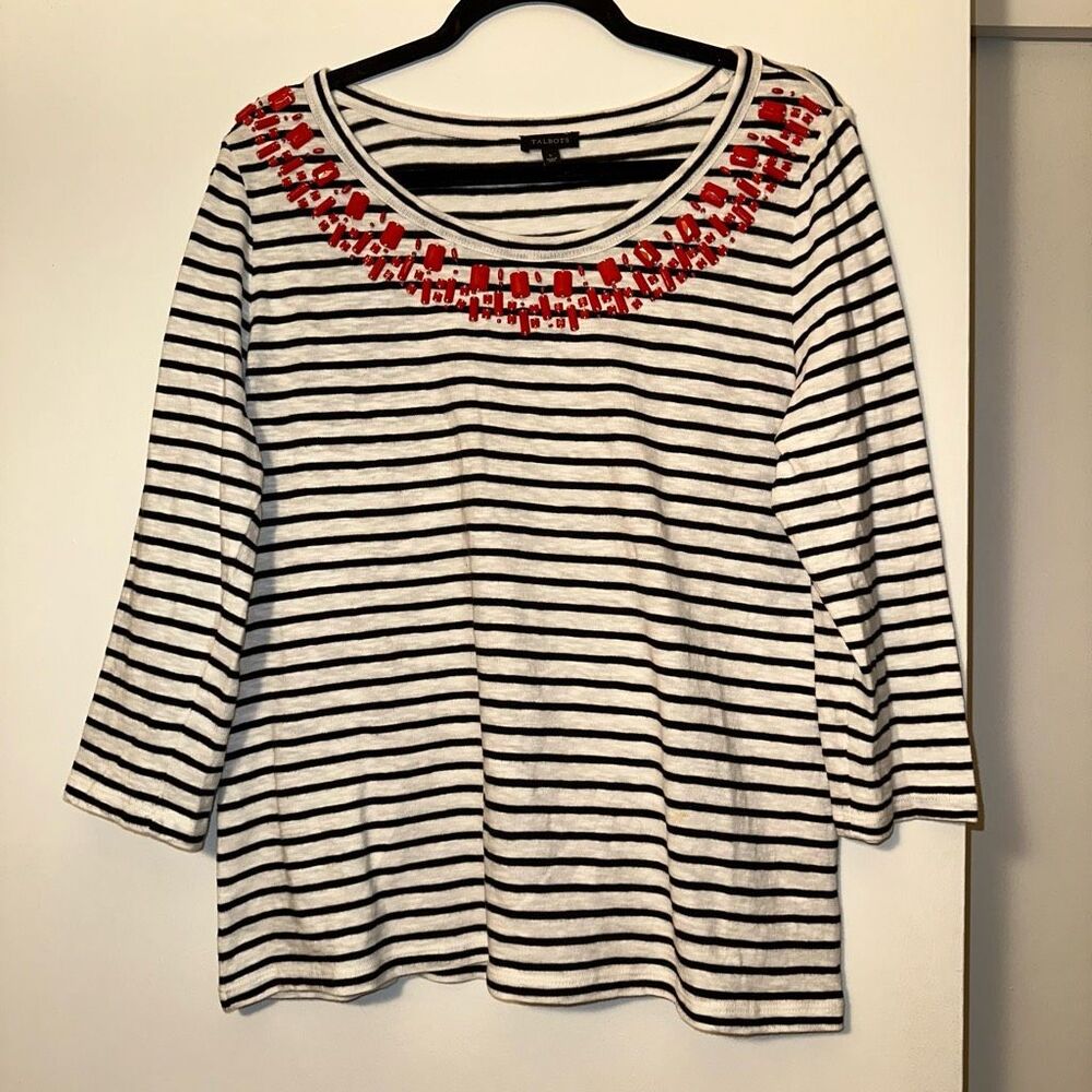 Talbots Large Black White Stripe Boat Neck Red Gemstone 3/4 Sleeve Women’s Shirt